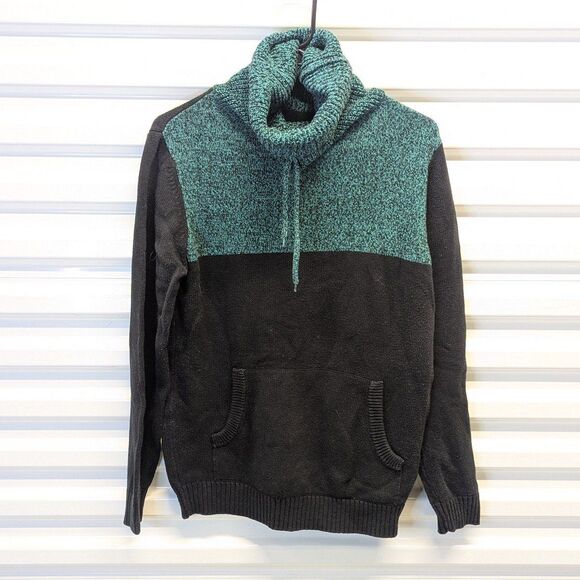 Black Size Small Teal & Black Color Block Cowl Neck Pullover Hoodie Sweater - Picture 1 of 8